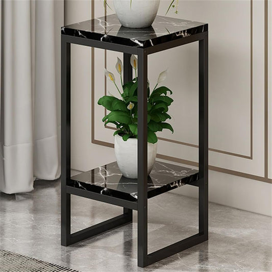 KWOKING Simple Square Multi-Level Wood Plant Table with Storage Shelf Floor-Standing Wrought Iron Planter Stand for Living Room Indoor Use Especially for Balconies Black 9" L x 9" W x 24" H