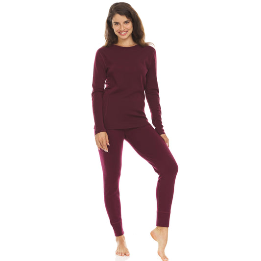 100% Merino Wool - Women's Midweight Top and Bottom - Thermal Base Layer Set - Burgundy - X-Large