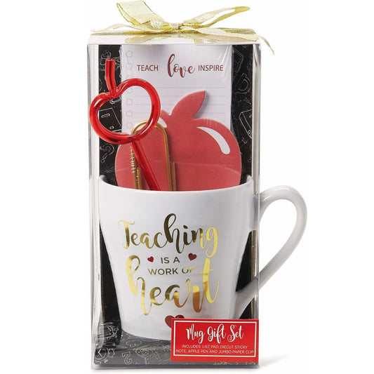 VOTUM Teacher Appreciation Gift for Women or Men - Bundle Includes Mug, Writing Pad, Apple-Shaped Pen and Sticky Notes, Jumbo Gold Paper Clip - Heart Coffee Cup - Teacher Appreciation Week Thank You