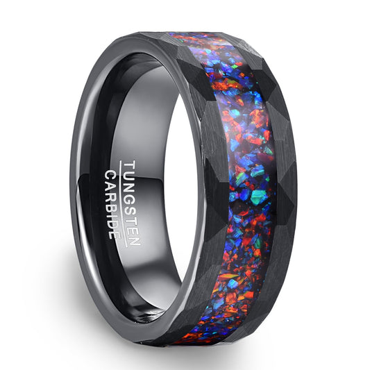NUNCAD Black Tungsten Rings for Men Women Wedding Ring Band with Galaxy Opal Inlaid 8mm Comfort Fit Hammered Design Sizes 7