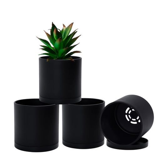D'vine Dev 4 Pack 4 Inch Modern Plastic Plant Pots, Small Garden Planters for Plant with Drainage Holes and Saucers, Black Color, 74-Y-E-2