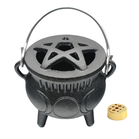 Cast Iron Cauldron with Lid & Handle, Small Triple Moon Cast Iron Cauldron Pot, Incense Burner Witchcraft Ideal for Cooking, Smudging, Ritual Purpose, Sage, Halloween Decoration