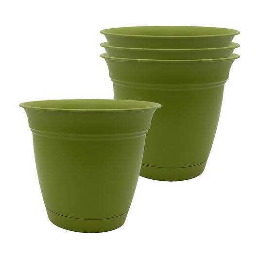 The HC Companies 8 Inch Eclipse Round Planter Pots with Drainage Holes & Attached Saucer, Lightweight UV-Resistant Plastic Indoor Outdoor Planters, 4-Pack Flower Pots for Garden & Home Decor, Peridot