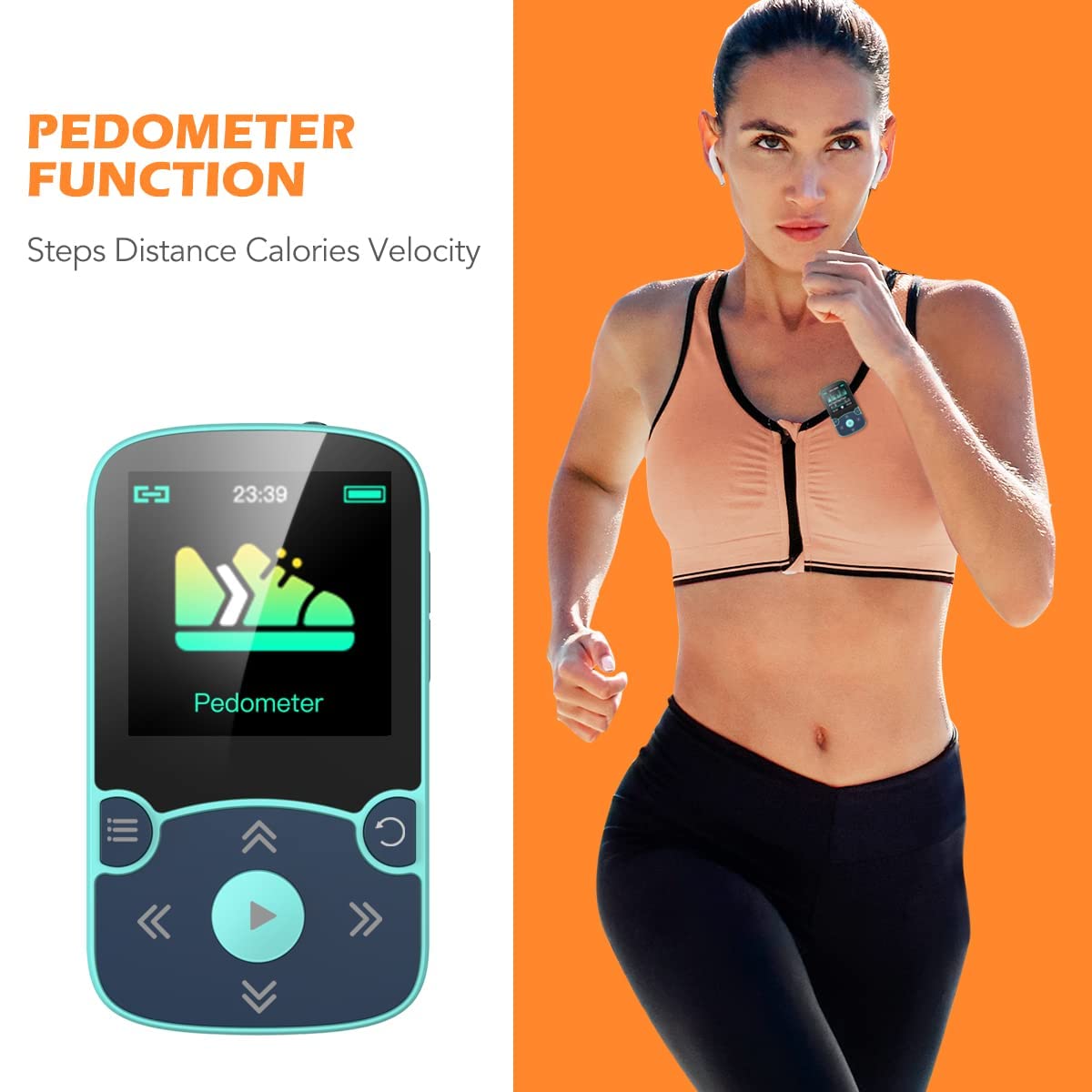 AGPTEK 64GB MP3 Player with Clip, A65 Bluetooth 5.3 Lossless Sound with FM Radio, Voice Recorder for Sport Running, Supports up to 128GB TF Card, Blue