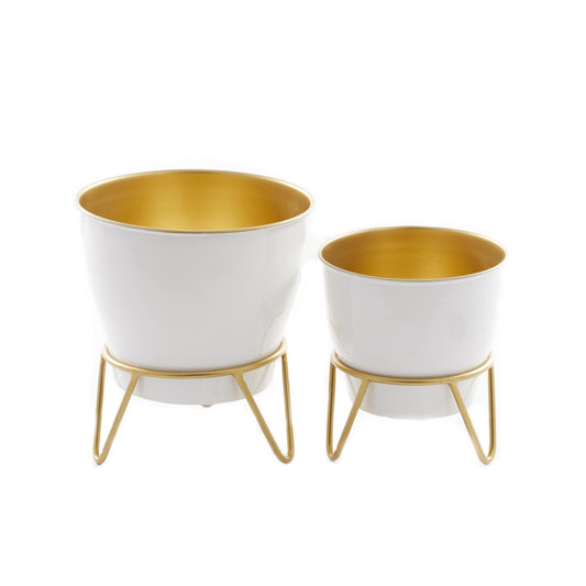 Deco 79 Metal Indoor Outdoor Planter Small Planter Pot with Removable Stand, Set of 2 Planters 11", 9"H, White