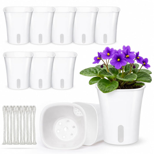 FYRIXONE 10 Pack 3 Inch Self Watering Pots for Indoor Plants, White Plastic Planters with Water Level Indicator, Drainage Holes & Wick, Small Plant Pots for Cuttings, Seedlings, Herbs, African Violets