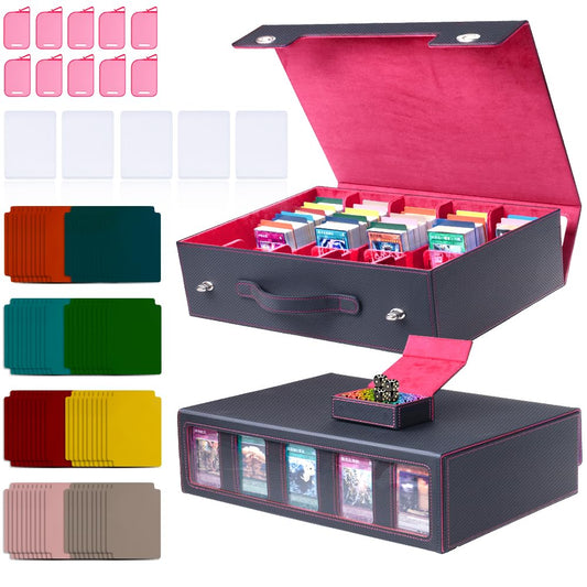 Sesmez 5-Row 3900+ Trading Card Storage Box for MTG, Card Deck Box with Snap-fit Design, 5 Card Sleeves, 10 Stoppers, 80 Dividers and 1 Dice Tray (Black-Red)