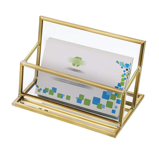 Hipiwe Glass Business Card Holder Stand - Vintage Gold Metal Name Card Display Stand Office Desktop Countertop Business Card Organizer