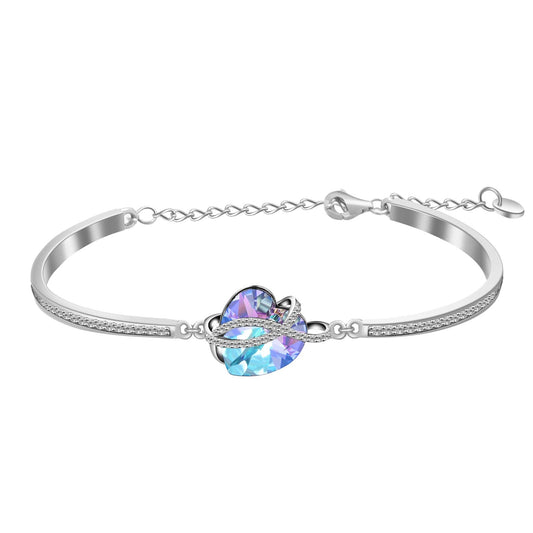 AOBOCO Infinity Heart Bangle Bracelet Sterling Silver I Love You Women Bracelet with Blue-purle Crystals from Austria, Fine Anniversary Birthday Jewelry Gifts for Her Wife Girlfriend Daughter Sister