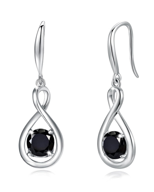 FANCIME Black Tourmaline Dangle Drop Earrings 925 Sterling Silver Dainty Infinity Bracelet Crystal Black Onyx Gemstone Earring Fine Jewelry Birthday Mothers Day Gifts for Wife Her Women