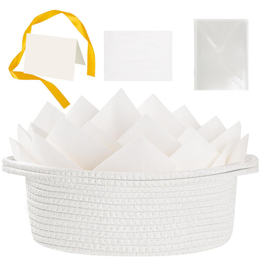 woric Woven Basket Gift Basket Storage Baskets with Handles for Wedding Gifts Empty Mothers Day Graduation Gifts Stuffers Baby Shower Toy (White 12"X 8" X 5" with Gift Bag Card Ribbon Tissue Paper)