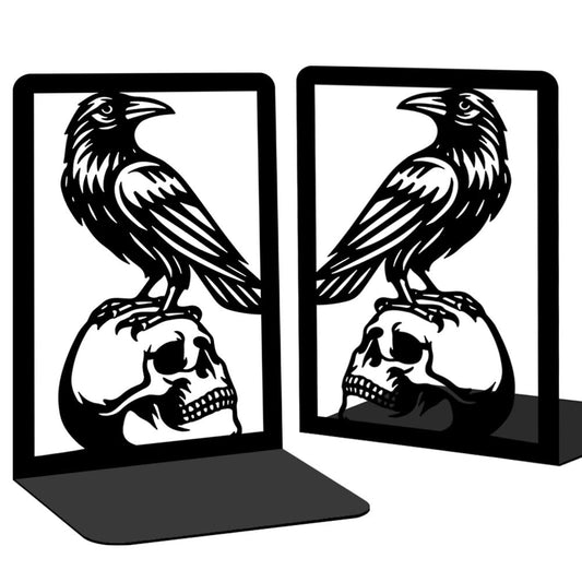 BEUNITONE Raven and Skull Decor Gothic Metal Bookends for Shelves, Office Desk Organizer Book Ends for Heavy Books, Home Office Desk Bookshelf Decor Gift for Gothic Lovers and Reading Enthusiasts