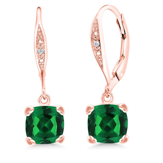 Gem Stone King Drop Dangle Earrings For Women | 7MM Cushion Cut Gemstone Birthstone and Diamond | 925 Sterling Silver | Jewelry Gift for Mom Wife Her | Nano Emerald-May | Rose Gold