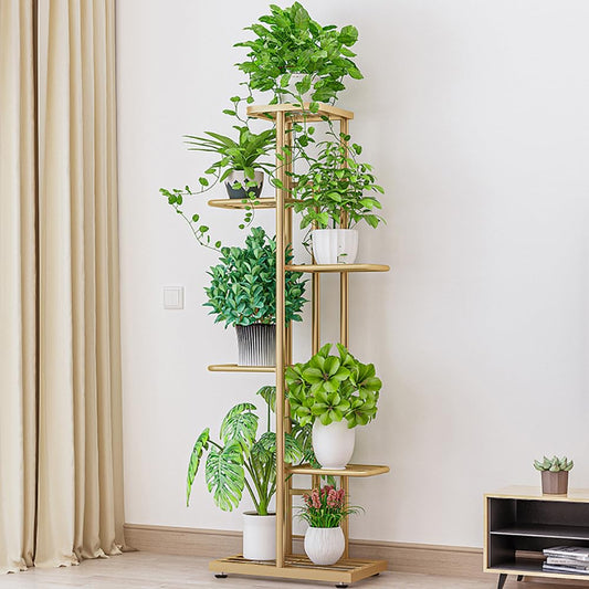 BouPower Metal Plant Stand, Indoor & Outdoor 6 Tier 7 Potted Plant Shelf, Corner Plant Stand, Tiered Plant Stands for Living Room, Office, Garden, Patio, Balcony, Gold