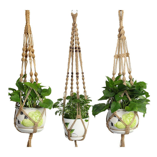 LANGUGU Set of 3 Macrame Plant Hanger Jute Rope Beads Wall Hanging Planter Basket for Indoor Outdoor Flower Pot Plant Holder Wall Art Vintage-Inspired Home Decor, 4 Legs 41 inch