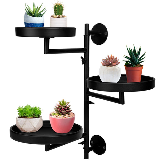 FAMIFAVOR Rotating Window Plant Shelves with Adjustable Knobs, 3 Tiers Metal Wall Shelf for Plants Indoor, Sturdy Hanging Plant Holder, Window Wall Decor & Gardening Gifts (Black)