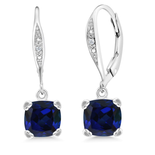 Gem Stone King Drop Dangle Earrings For Women | 7MM Cushion Cut Gemstone Birthstone and Diamond | 925 Sterling Silver | Jewelry Gift for Mom Wife Her | Created Sapphire-September | Sterling Silver