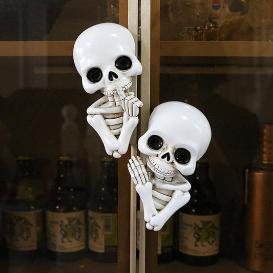 JARPSIRY Set of 2 Funny Keep Quiet Skeleton Statue Window Peeker Door Corner Decor, Horror Resin Skull Figurines Gothic Wall Sculpture Spooky Home Halloween Decorations