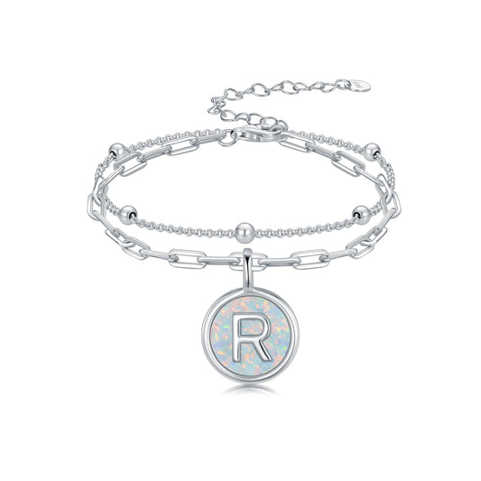 LWQQWL Initial R Bracelet for Women 925 Sterling Silver Layered Initial Bracelet Opal Letter 26 Alphabet Jewelry Christmas Gifts