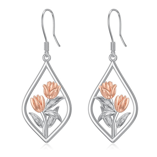 Tulip Earrings Sterling Silver Tulip Flower Floral Dangle Dangling Drop Charm Earrings Tulip Jewelry Gifts for Women