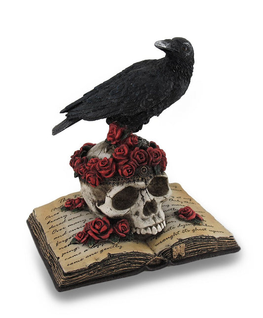 Zeckos Mystical Raven on a Rose-Covered Skull Hand Painted Resin Statue -,Perched Upon 'The Raven' Poetry Book - an Artistic Fusion of Macabre and Literary Allure