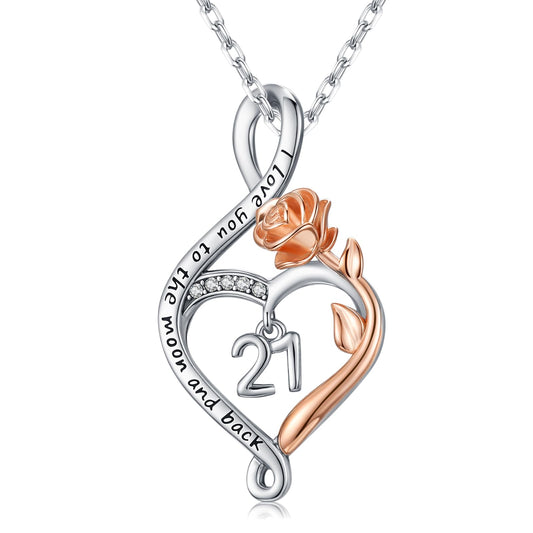 KoyeKei 21st Birthday Gifts for Daughter 21 Year Old Necklace 925 Sterling Silver Rose Flower Heart Infinity Pendant Jewelry Christmas Birthday Gift for Women Female Her