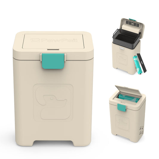 PawPail Pet Waste Station with Activated Carbon Filter and DualVent Odor Control - Outdoor Dog Poop Trash Can with 200 Dog Poop Bags - 19 Liter, Beige