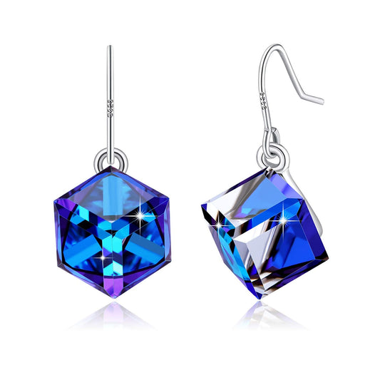 PLATO H S925 Sterling Silver Cube Crystals Earrings for Women with Exquisite Unique Gift Box Dainty Jewelry Anniversary Mothers Day Gifts for her