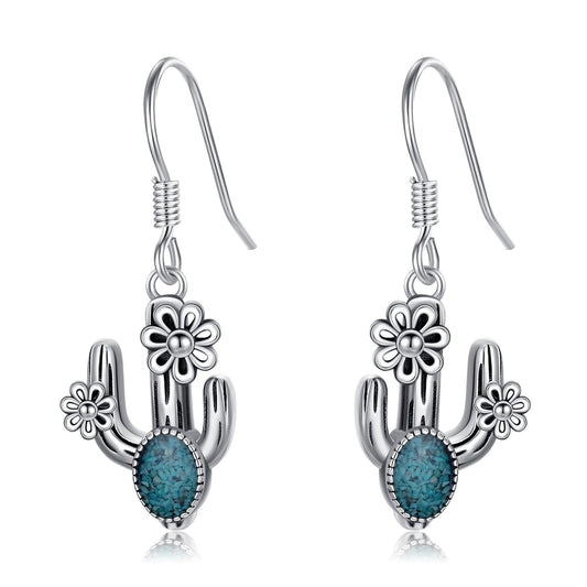 KoyeKei Cactus Earrings for Women 925 Sterling Silver Turquoise Cactus Dangle Drop Earrings Western Country Jewelry Gifts for Plant Lovers