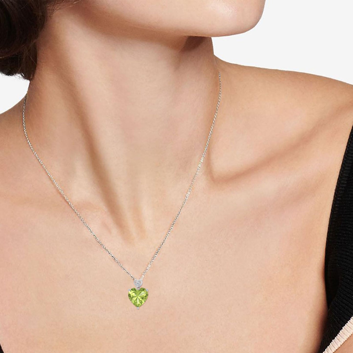 NFYBD 14k White Gold Love Heart Peridot Birthstone Pendant Necklace for Women 3 Carat Heart-cut Created Gemstone Anniversary Birthday Mother's Day Necklaces for Her-aug