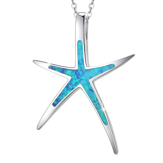 Cuoka Starfish Necklace, 925 Sterling Silver with Blue Opal, Hawaiian Beach Nautical Ocean Pendant, Starfish Jewelry Opal Jewelry for Women Girlfriend