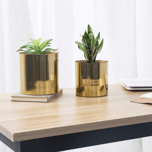 MyGift Set of 2 Handcrafted Shiny Brass-Tone Metal Plant Pots & Flower Vases – Decorative Indoor Table Planters, Handmade in India