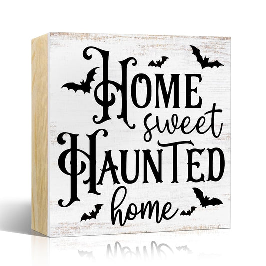 Sixrip Home Sweet Haunted Home Halloween Wooden Box Sign, Funny Halloween Office Desk Decor for Family Friend Coworker, Bat Wooden Box Sign Plaque for Shelf Bathroom Table Indoor