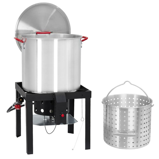 100 Qt Seafood Boil Pot, ACONEE Aluminum Crawfish Boiler w/Steam/Boil Basket & Strainer, 110000 BTU Propane Stove Burner with Lifting Hook, 10 PSI Regulator, Outdoor Cooking Shrimp Crab Boiler