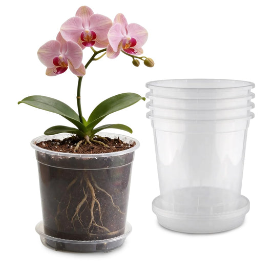 BTPLASTIK 2 Gallon Clear Nursery Pots with Saucers 5P, 7.5 Inch Round Plastic Plant Pots with Drainage Holes