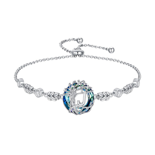 TOUPOP Tree of Life Initial Bracelet Sterling Silver Initials J Letter Link Bracelets Blue Circle Crystal Family Tree Birthday Mothers Day Jewelry Gifts for Women Mom Wife