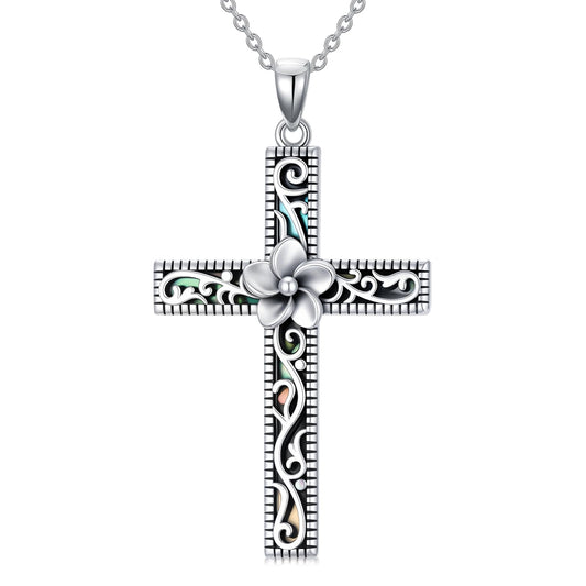 KoyeKei Plumeria Necklace for Women 925 Sterling Silver Hawaiian Plumeria Flower Necklaces Filigree Cross Religious Pendant Faith Hawaii Graduation Jewelry Mothers Day Gifts for Mom Wife Sister