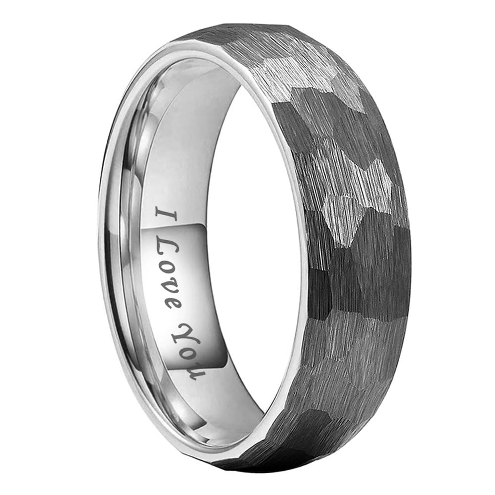 TUTISS 6mm Hammered Tungsten Carbide Rings for Men Women Engagement Wedding Bands Domed I Love You Engraved Comfort Fit Size 10