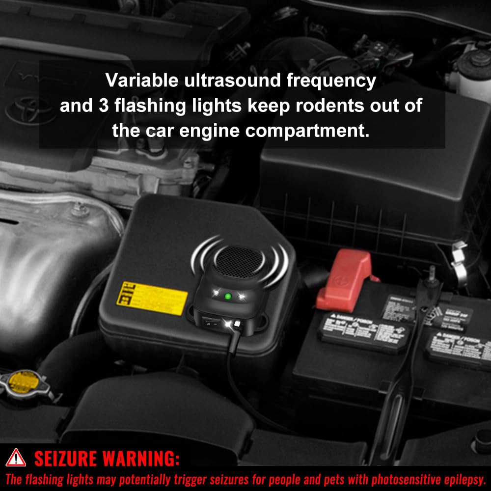 Under Hood Rodent Repellent for Car Engines, Dual Action Ultrasonic & LED Strobe Lights for High-Efficiency Rat and Mouse Deterrent, Pest Control for 12V 24V Vehicles, Cars, Trucks, RVs