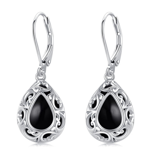 KoyeKei Filigree Black Onyx Leverback Earrings for Women 925 Sterling Silver Black Onyx Teardrop Dangle Drop Earrings Jewelry Filigree Anniversary Graduation Gifts for Sister Daugther Her