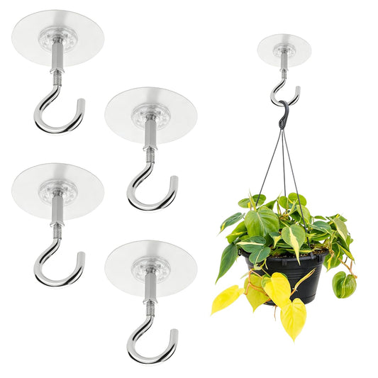 Adhesive Ceiling Hooks 4 Pack, 30lbs Super Heavy Duty Self-Sticking Hangers for Hanging Plants, Lights, Wind Chimes, Lanterns – 8cm Round No Drill Pad, Stainless Steel, Peel & Stick for Smooth