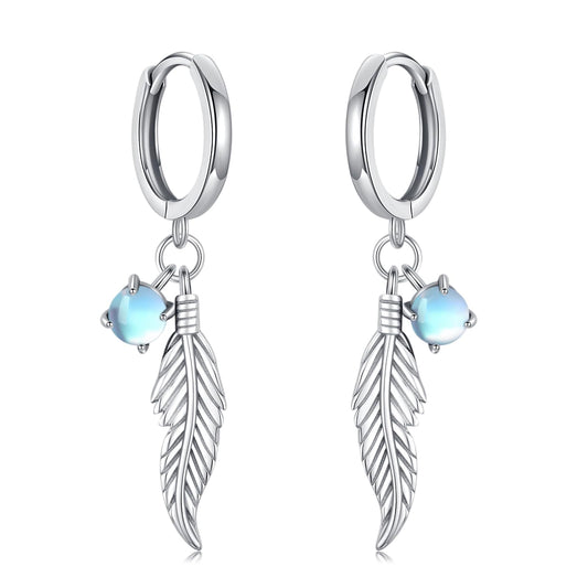 Feather Moonstone Earrings 925 Sterling Silver Moonstone Dangle Drop Earrings Feather Jewelry Bohemian Gifts for Women