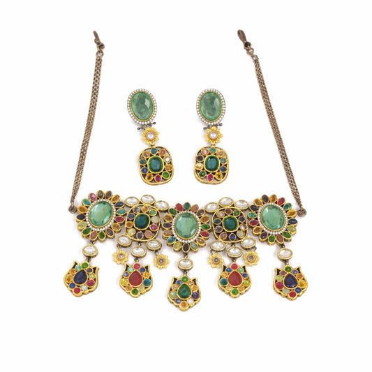 Sweetheart Jewel Royal Bloom Gold Plated Kundan Choker Necklace & Earring – Sabyasachi Inspired Bridal -Party Jewelry Light Green
