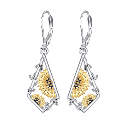 Sunflower Earrings 925 Sterling Silver Leverback Dangle Earrings Boho Sunflower Earrings for Women