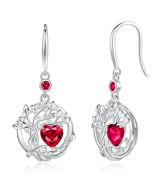 FANCIME Tree of Life Earrings 925 Sterling Silver Dainty Red Ruby Dangle Drop Gemstone Earring July Birthstone Fine Jewelry Birthday Mothers Day Gifts for Mom Her Women