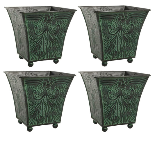 Hosley Set of 4 Green Patina Embossed Metal Planters with Ornate Floral Design, 5.25" L x 5.25" W x 5" H – Ideal for Floral Arrangements, Home Décor, Garden Accents, Rustic Weddings.