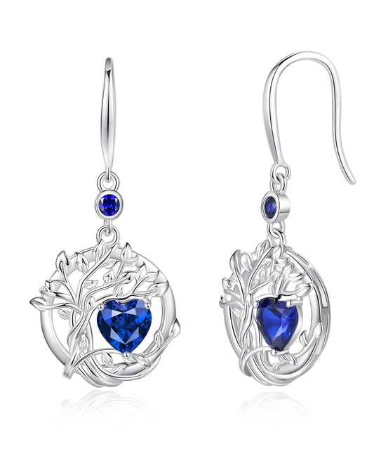 FANCIME Tree of Life Earrings 925 Sterling Silver Dainty Blue Sapphire Dangle Drop Gemstone Earring September Birthstone Fine Jewelry Birthday Mothers Day Gifts for Women Her