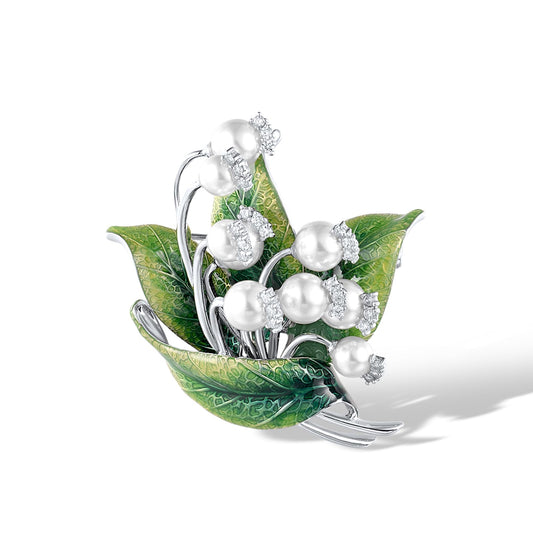 Santuzza Convallaria Brooch 925 Sterling Silver Crystal Pearl Cubic Zirconia Enamel White Flower Brooch Pin for Women