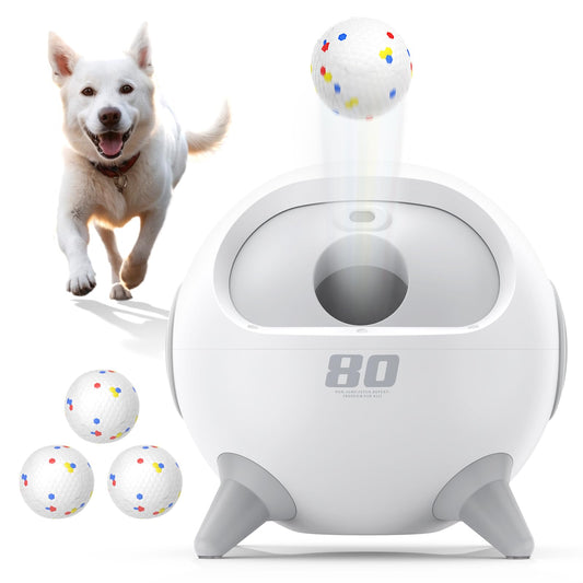 uahpet Automatic Ball Launcher for Dogs with Obstacle Detection, 20ft-80ft Adjustable Distances Ball Thrower Launcher for Medium & Large Dogs, with 4 Balls (2.5 inches)