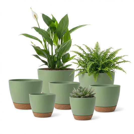 LIFFY Plant Pots, 8,7.5,7,6.5,6,5.5,5 Inch Plastic Self Watering Planters with Drainage Holes & Saucers, 7-Pack Green Nursery Planting Pot with Deep Reservoir for Indoor Outdoor Plants